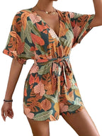 Women's Leaf Print Short Sleeve Jumpsuit