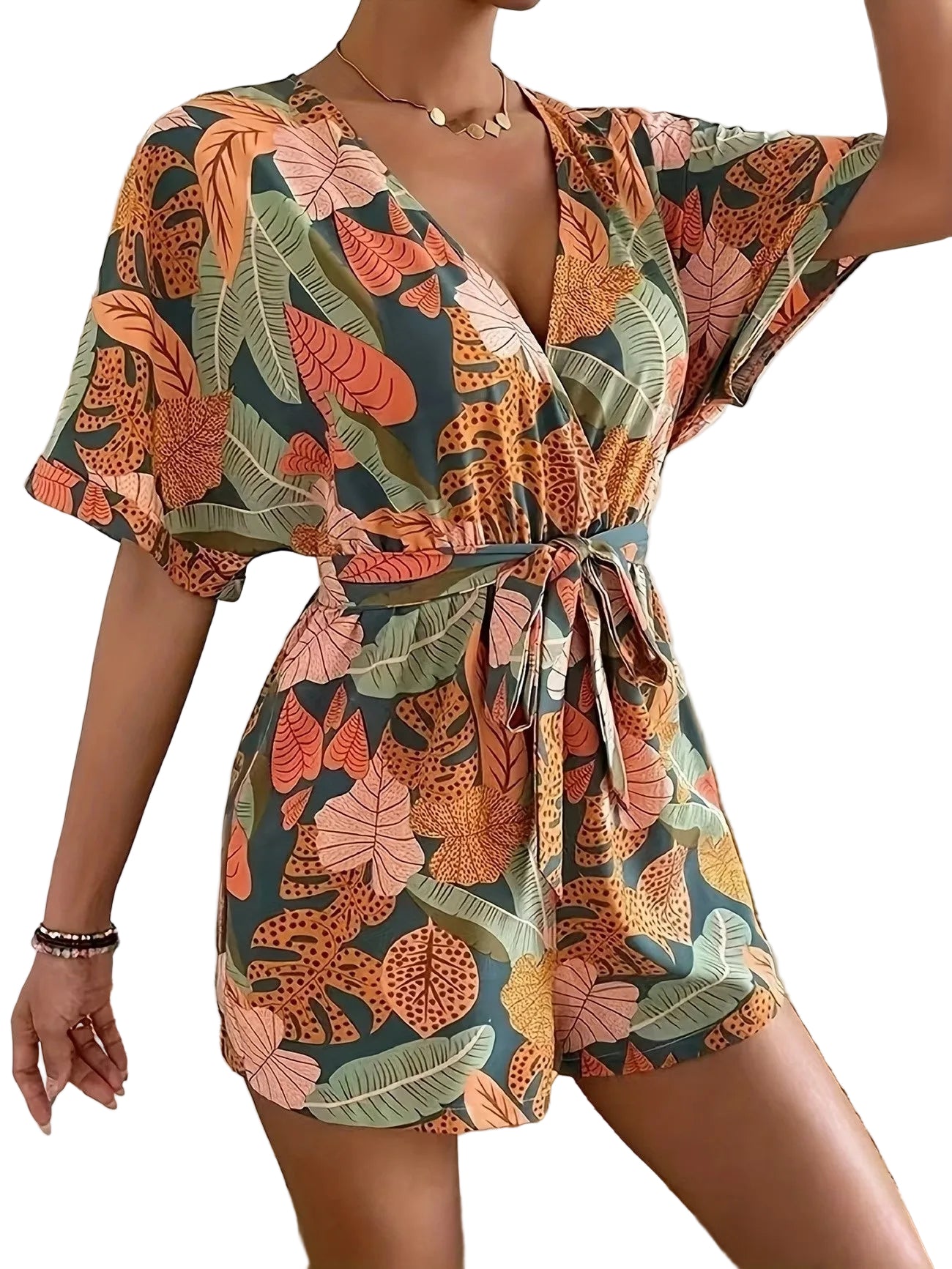 Women's Leaf Print Short Sleeve Jumpsuit