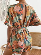 Women's Leaf Print Short Sleeve Jumpsuit