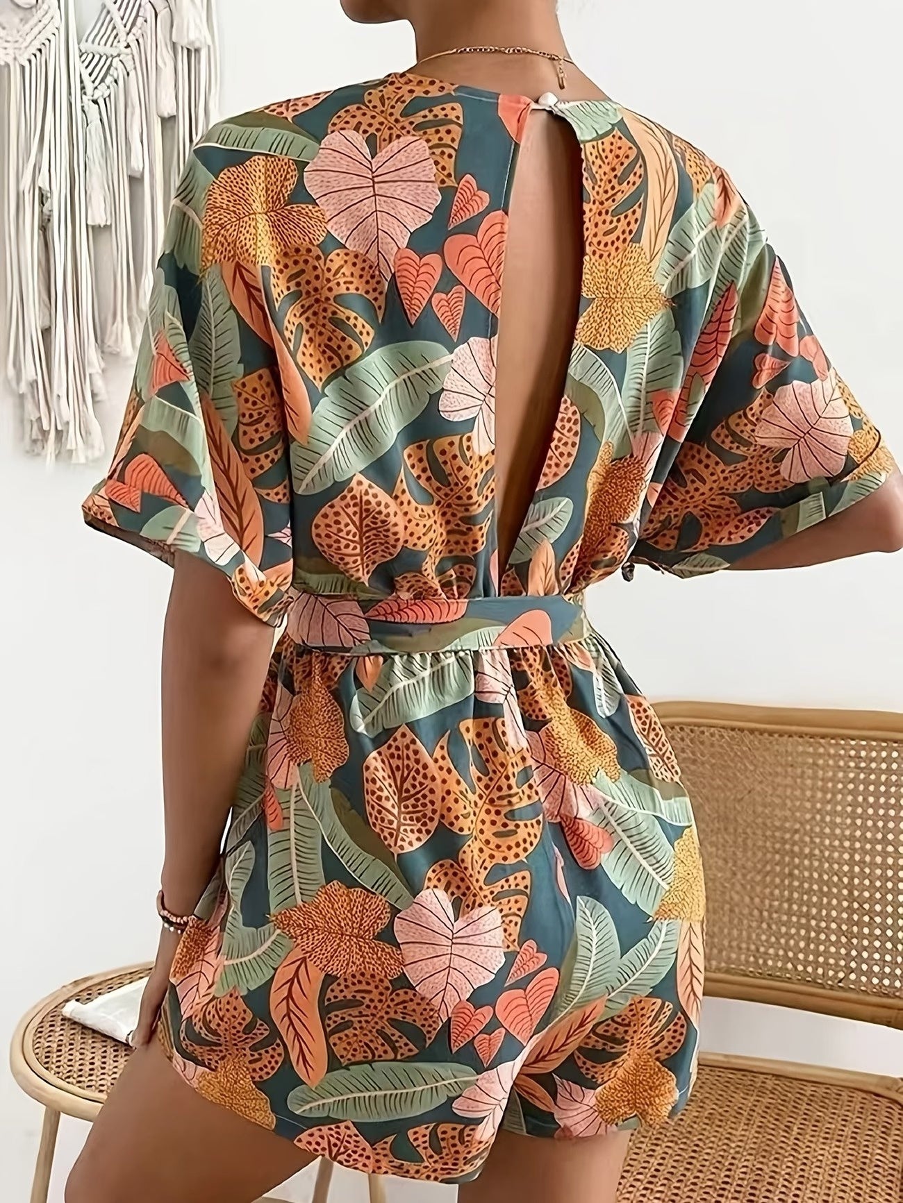 Women's Leaf Print Short Sleeve Jumpsuit