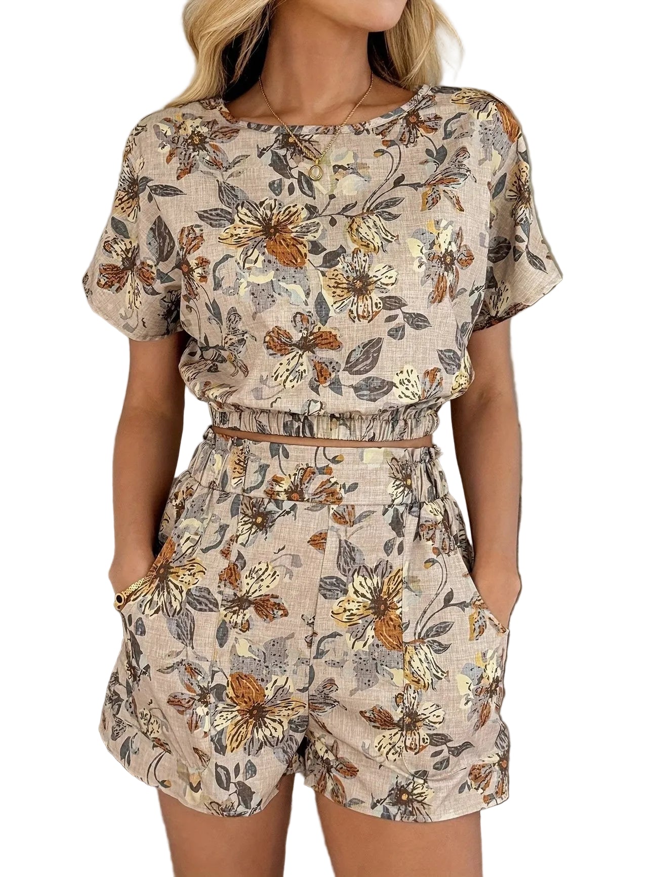Women's Two-Piece Set with Floral Leaf Print